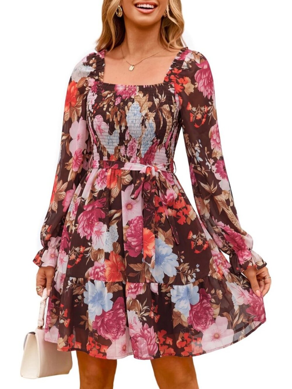 Floral Long Sleeve Mini Dress - Boho Square Neck Smocked A-Line Wedding Guest